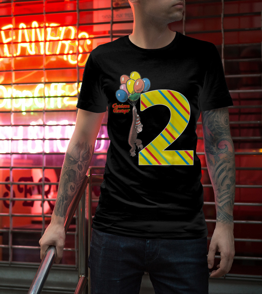 Curious George Holding Balloons Next To Colorful Striped Number 2 For Second Birthday T-Shirt