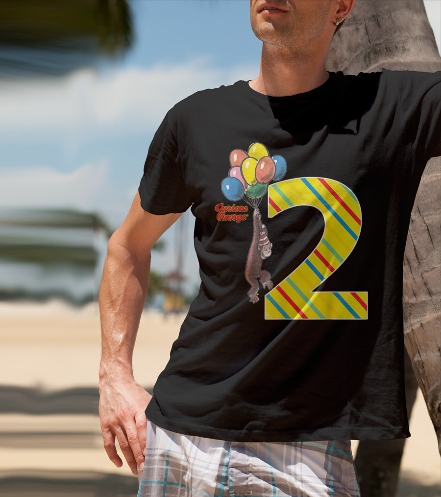 Curious George Holding Balloons Next To Colorful Striped Number 2 For Second Birthday T-Shirt