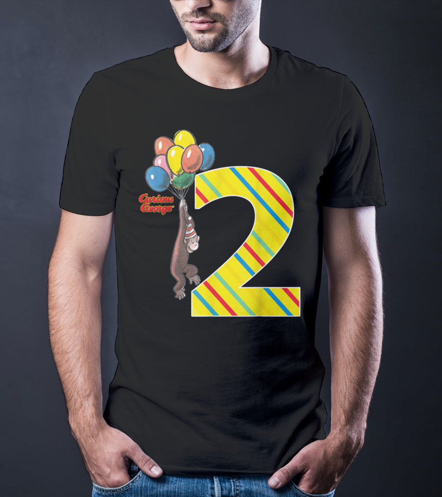 Curious George Holding Balloons Next To Colorful Striped Number 2 For Second Birthday T-Shirt