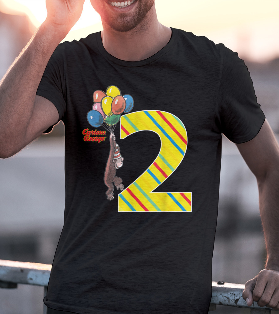 Curious George Holding Balloons Next To Colorful Striped Number 2 For Second Birthday T-Shirt