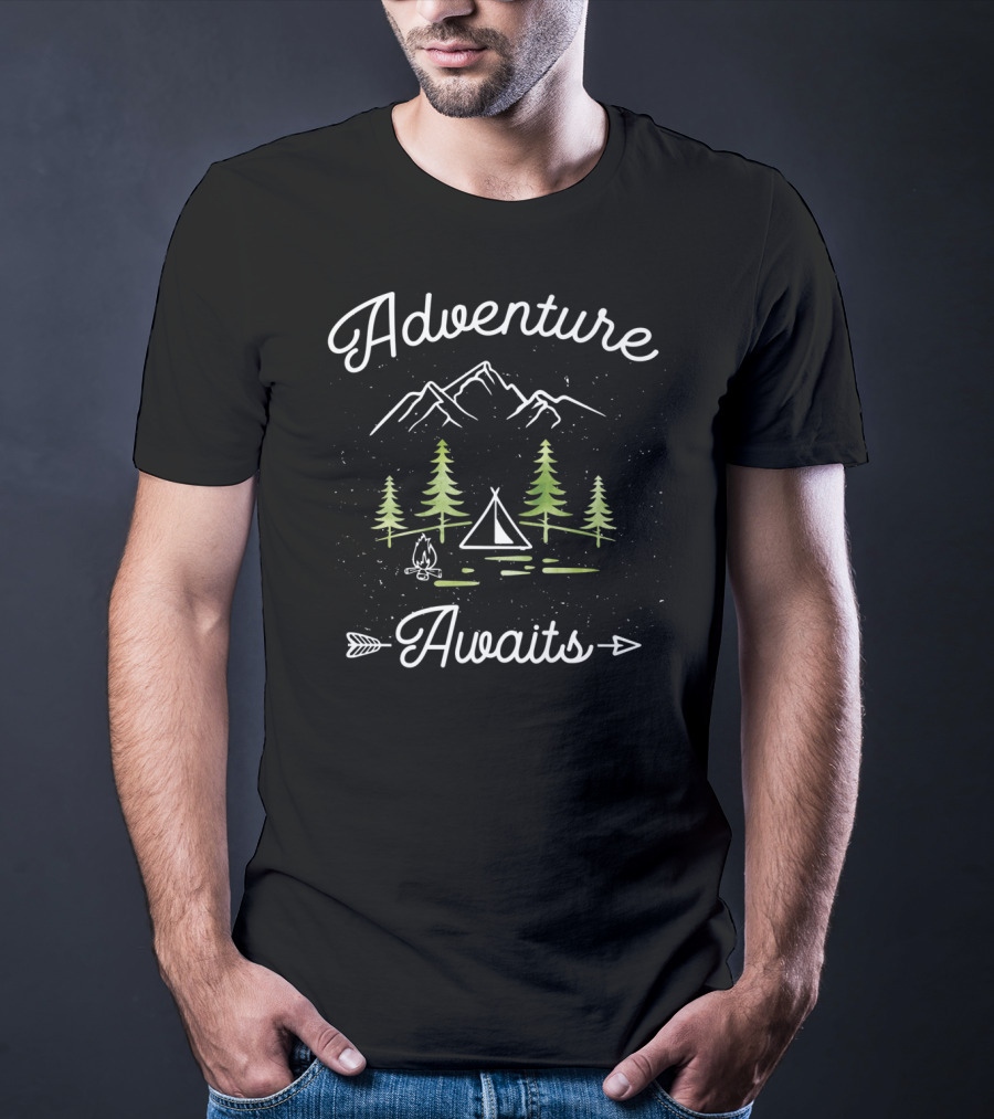 Adventure Awaits Camping Hiking Outdoor Travel Mountains Trees Tent Campfire Arrow T-Shirt