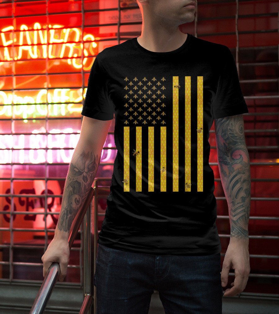 American Flag Honeycomb Honey Bee Beekeeping Beekeeper USA Patriotic T-Shirt