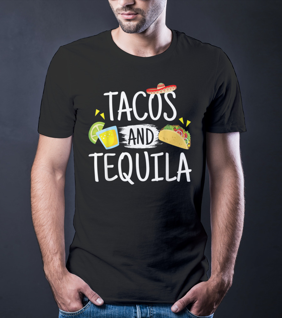Tacos And Tequila Mexican Sombrero With Lime Slice And Taco Icons T-Shirt