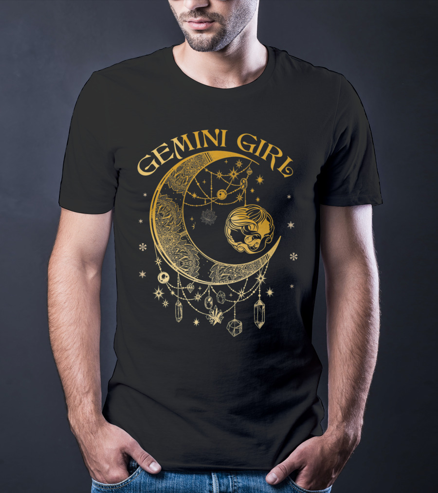 Gemini Girl Zodiac Henna Moon With Crystals And Stars T-Shirt