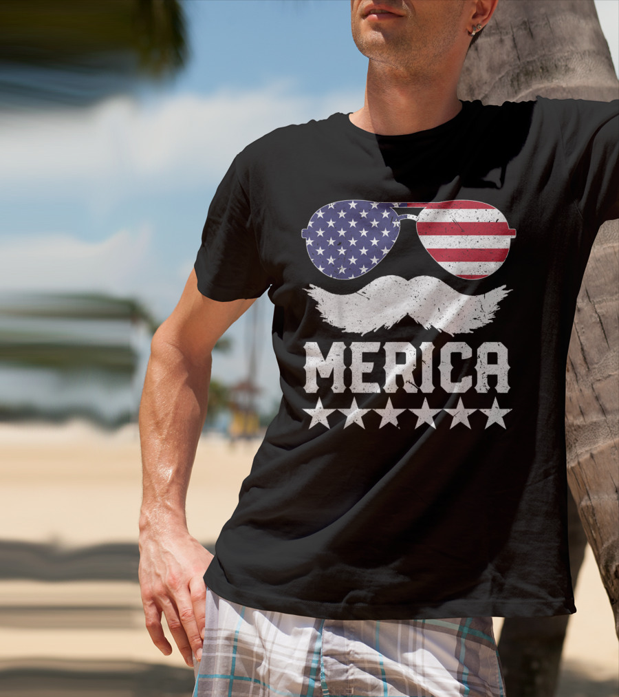 MERICA USA Flag Mustache Sunglasses Stars Independence Day T-Shirt