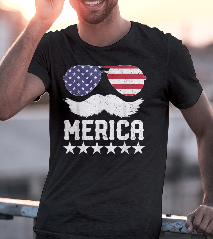 MERICA USA Flag Mustache Sunglasses Stars Independence Day T-Shirt