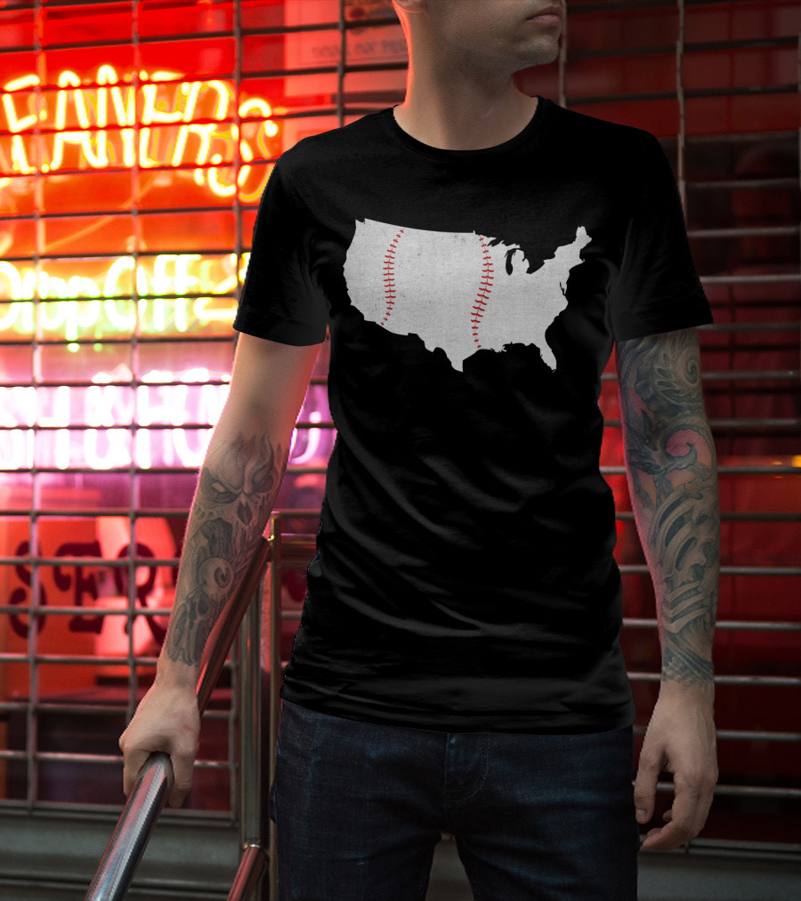 Baseball Is America's Pastime USA Map Stitch T-Shirt