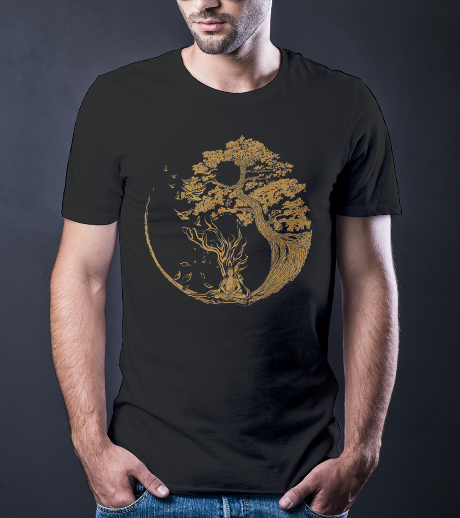 Bonsai Tree And Meditative Buddha Enclosed In Circular T-Shirt