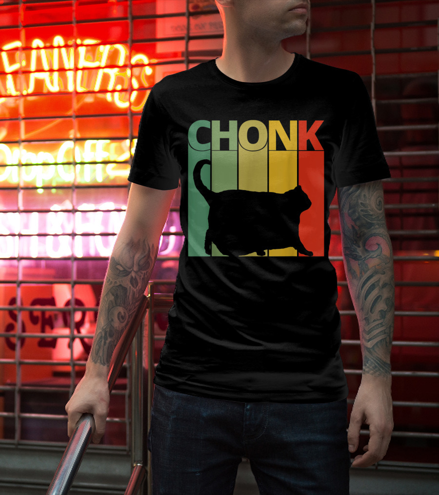 Chonk Cat Meme Funny Big Chungus Retro Stripes T-Shirt