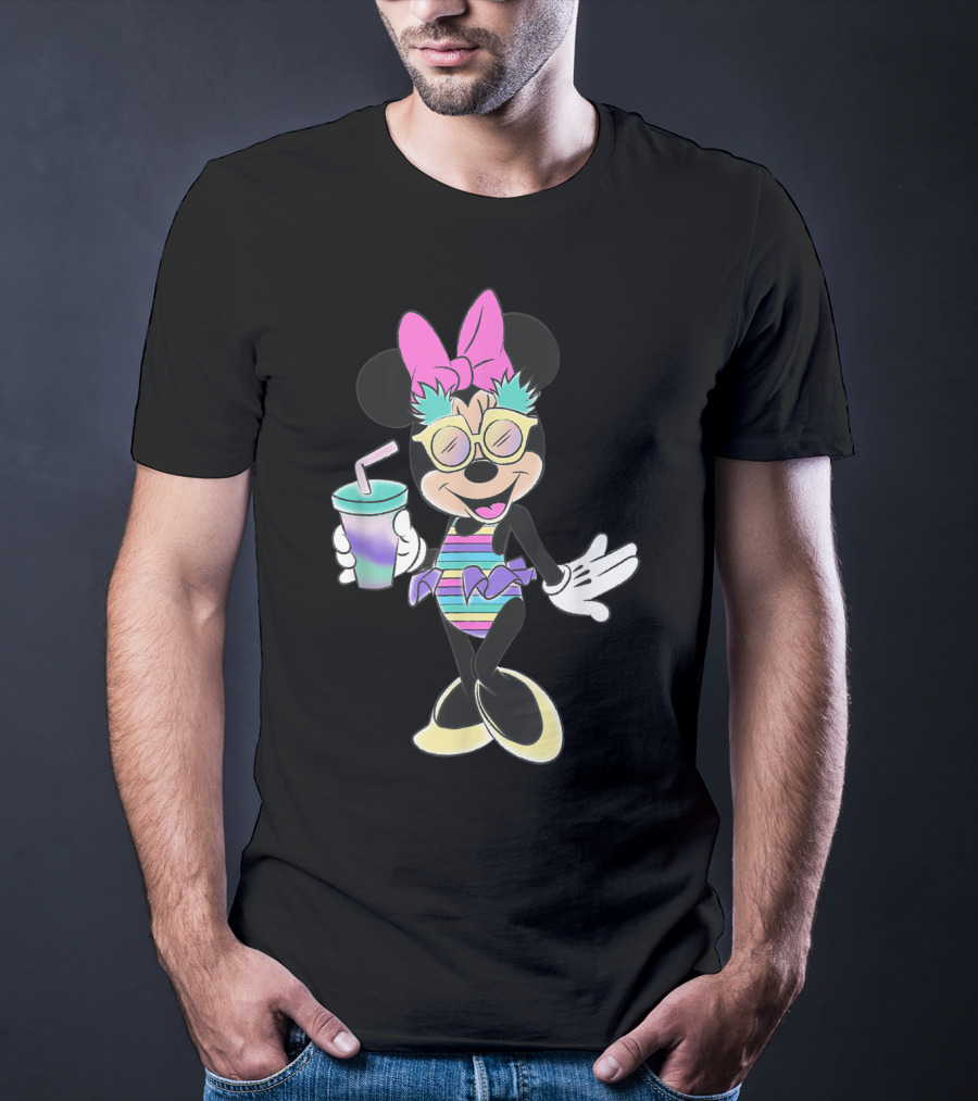 Disney Minnie Mouse Striped Swimsuit With Unicorn Colors And Pineapple Sunglasses T-Shirt