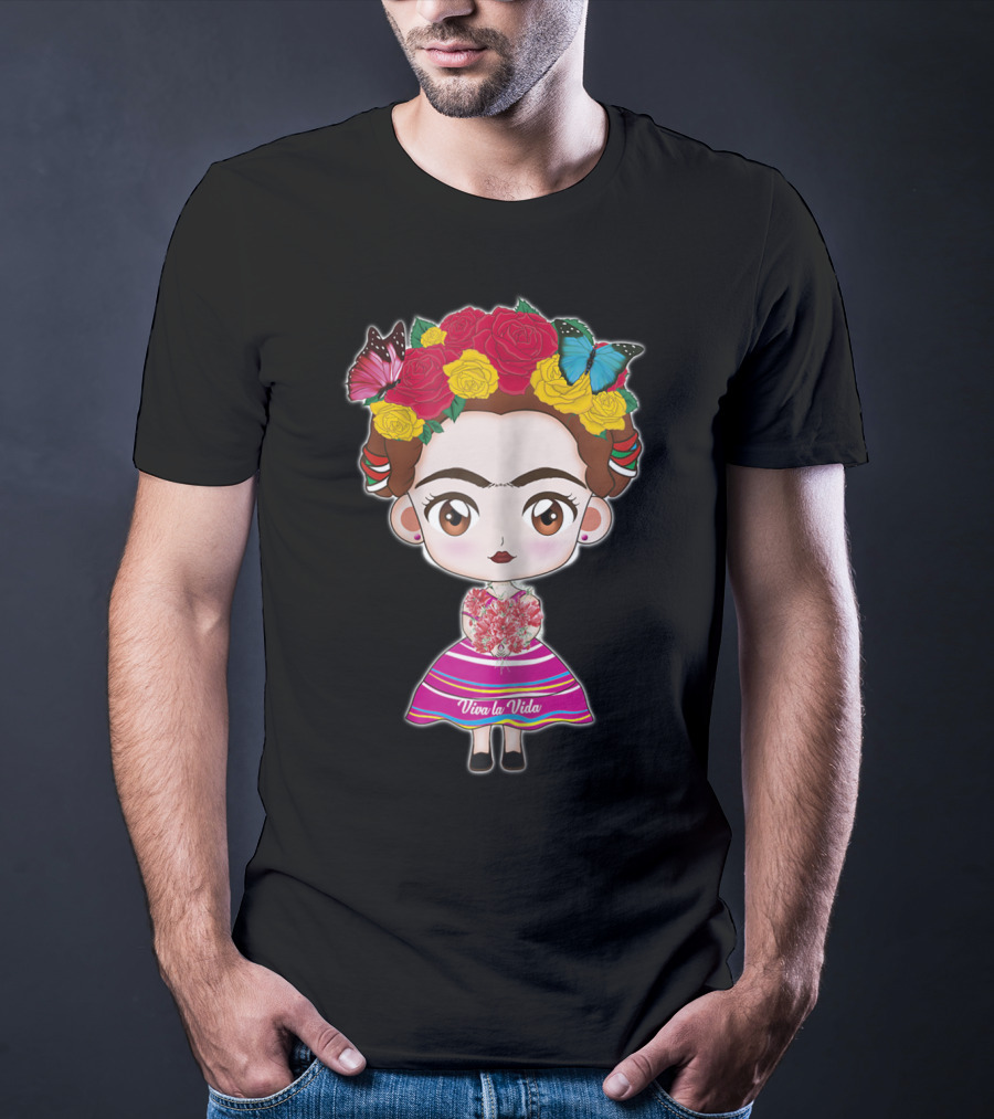 Viva Mexico Viva La Vida Mexican Frida With Flower Crown And Butterflies T-Shirt