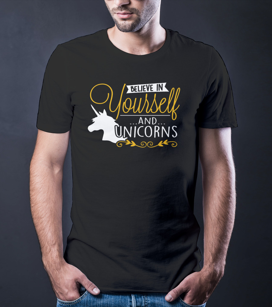 Believe In Yourself And Unicorns Head Graphic Whimsical Font T-Shirt