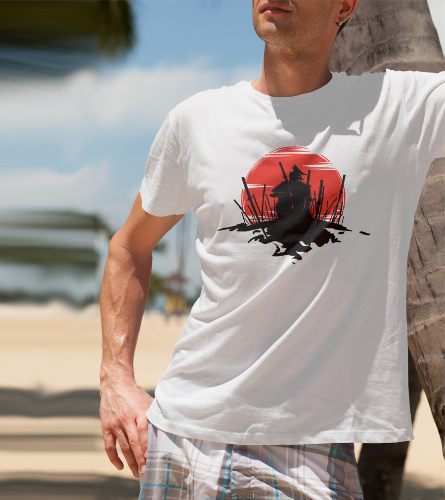 The End Of The Battle Samurai Silhouette Against Red Sun Rising T-Shirt