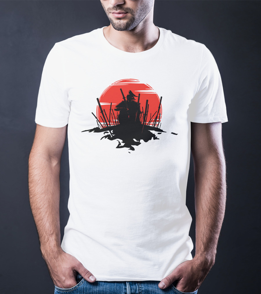 The End Of The Battle Samurai Silhouette Against Red Sun Rising T-Shirt