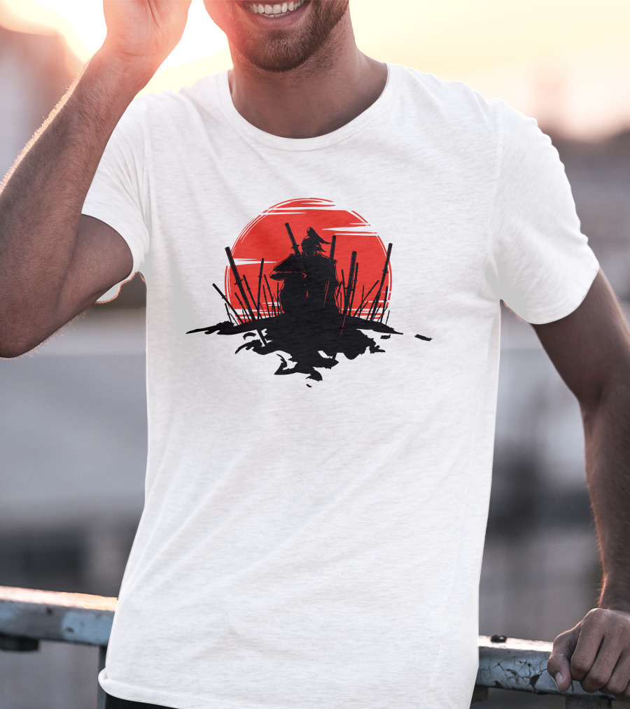 The End Of The Battle Samurai Silhouette Against Red Sun Rising T-Shirt