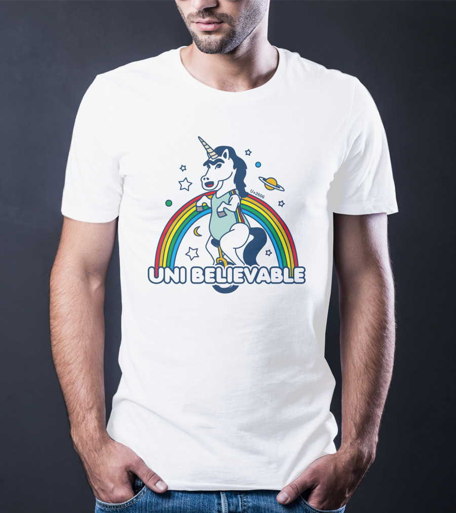 UNI BELIEVABLE Rainbow Unicorn Unicycle Planet Stars U+2605 T-Shirt