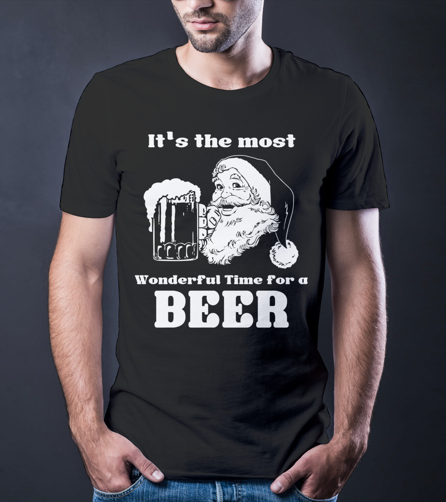 Christmas Santa It's The Most Wonderful Time For A Beer With Santa Hat And Mug Of Beer T-Shirt