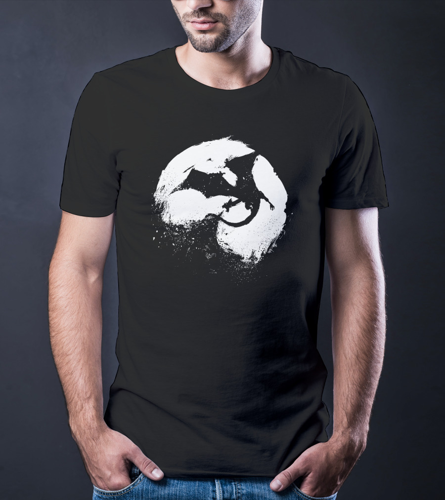 Midnight Desolation Dragon Silhouette In Full Moon T-Shirt