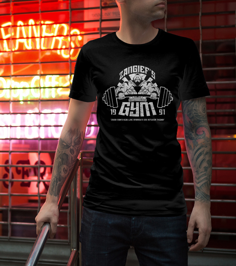 Zangief's Gym 1991 Crush Man's Head Like Sparrow's Egg Between Thighs T-Shirt