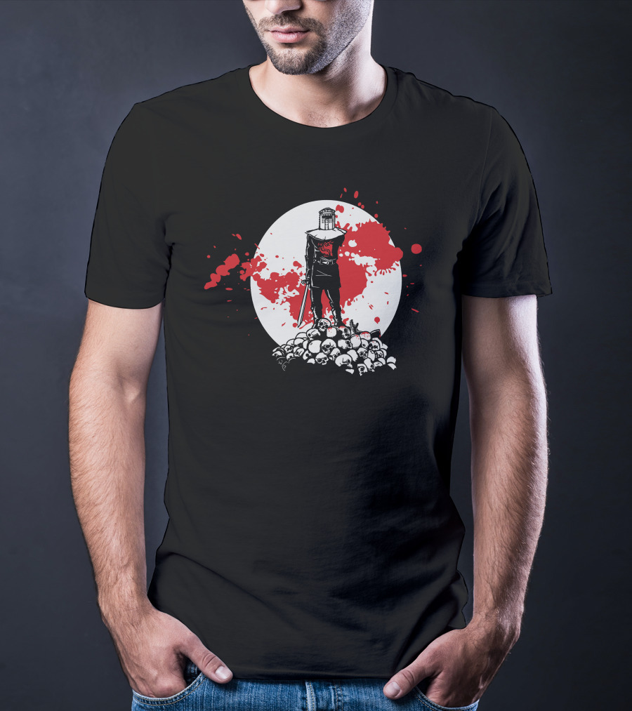 Black Knight Stands Tall On Red Blood Moon Of Skulls T-Shirt