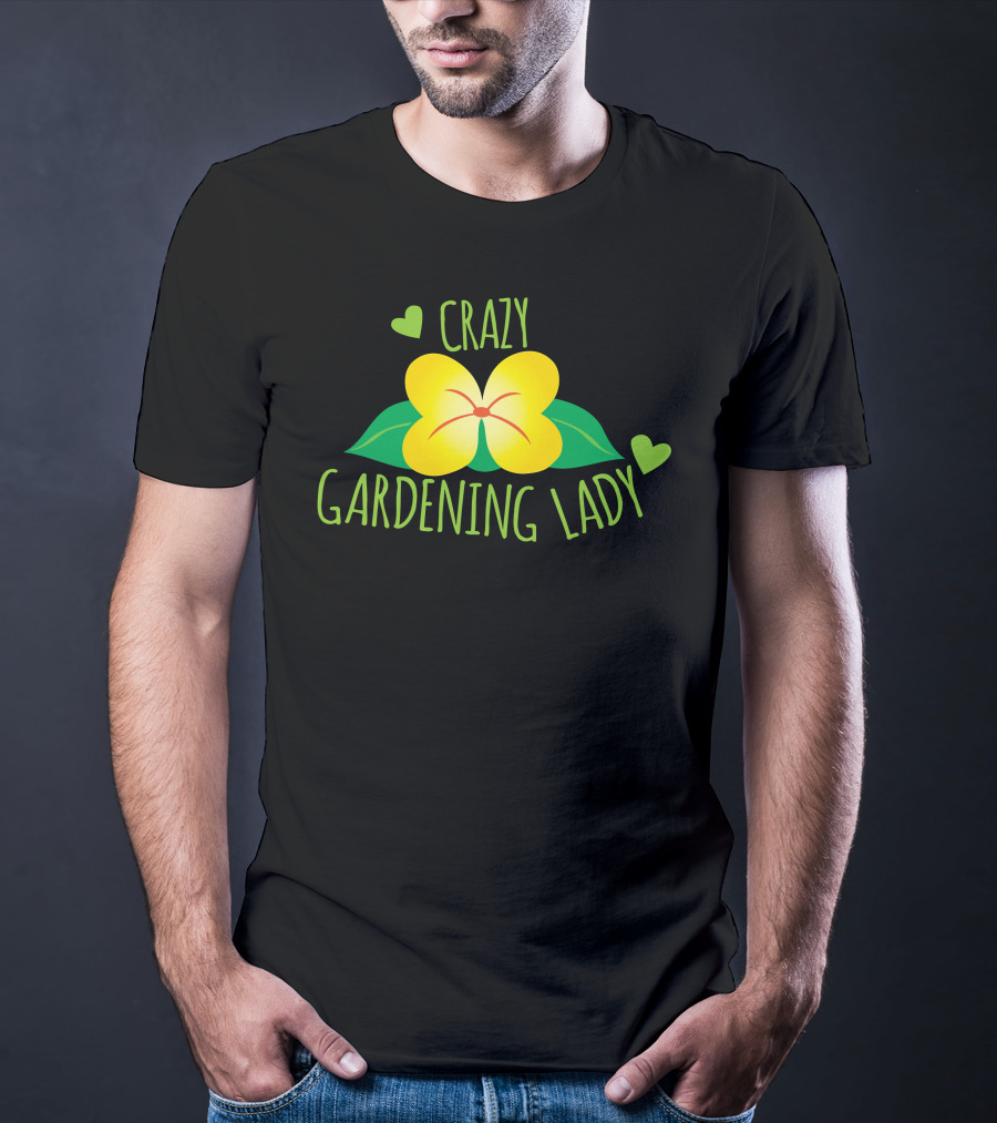 Crazy Gardening Lady Yellow Flower And Green Hearts T-Shirt