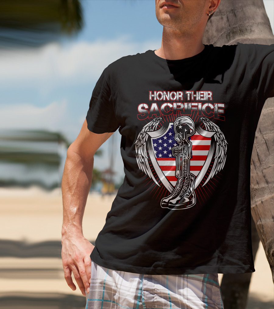 HONOR THEIR SACRIFICE American Flag Winged Soldier Memorial Helmet And Boots T-Shirt