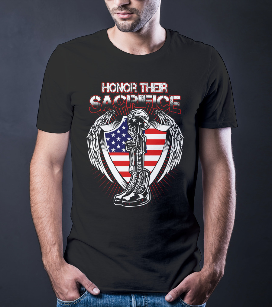 HONOR THEIR SACRIFICE American Flag Winged Soldier Memorial Helmet And Boots T-Shirt