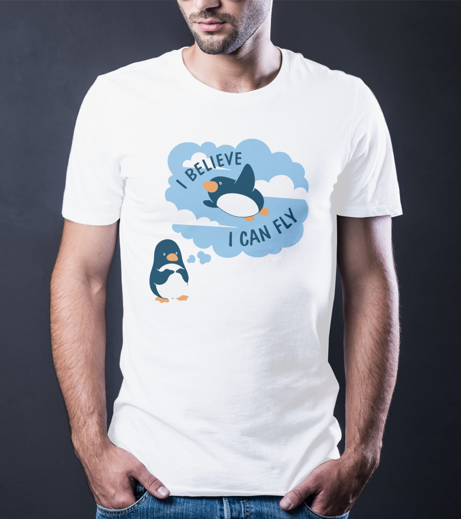 I Believe I Can Fly Penguin Dreaming Clouds T-Shirt
