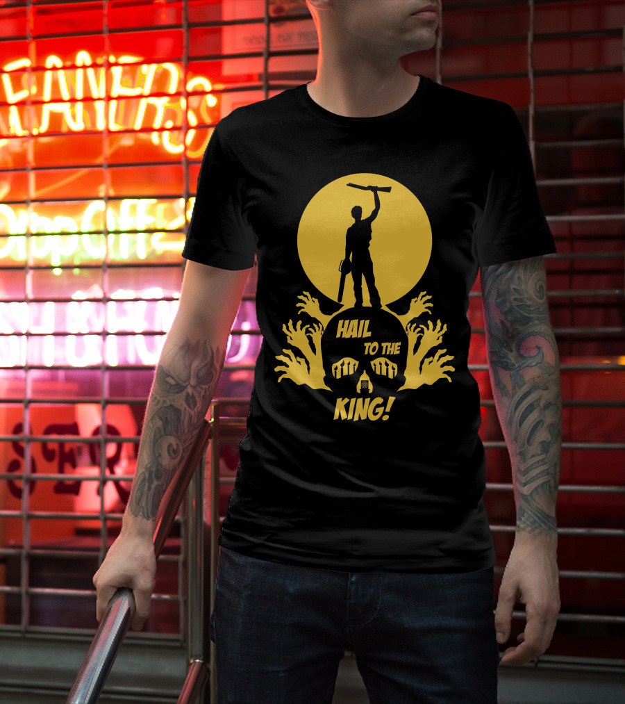 Hail To The King Skeleton Moon Chainsaw Hero With Zombie Hands T-Shirt