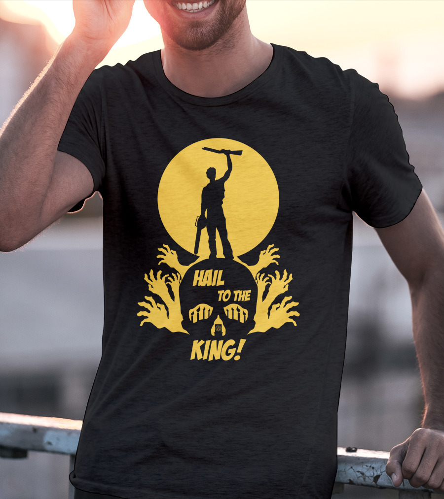 Hail To The King Skeleton Moon Chainsaw Hero With Zombie Hands T-Shirt
