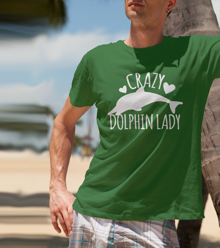 CRAZY DOLPHIN LADY Hearts And Dolphin Silhouette On Green T-Shirt