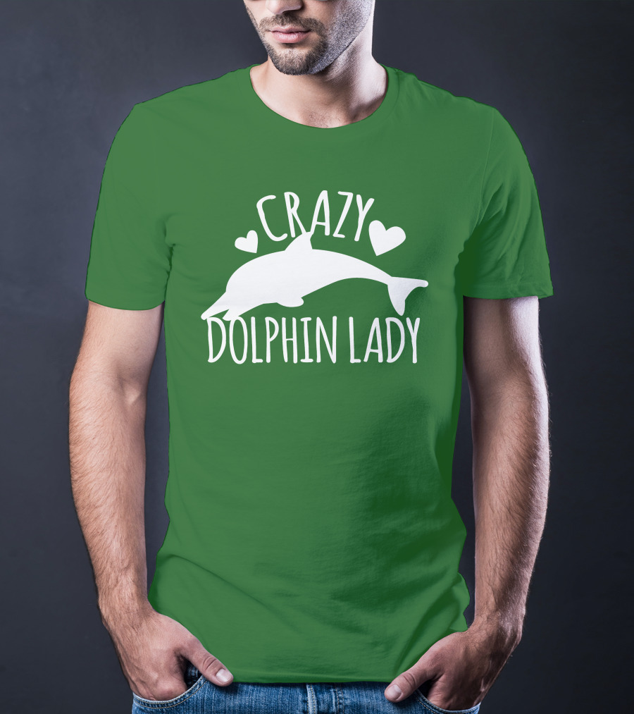 CRAZY DOLPHIN LADY Hearts And Dolphin Silhouette On Green T-Shirt