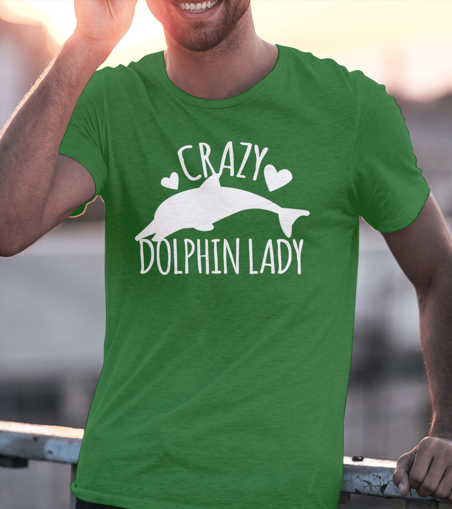 CRAZY DOLPHIN LADY Hearts And Dolphin Silhouette On Green T-Shirt