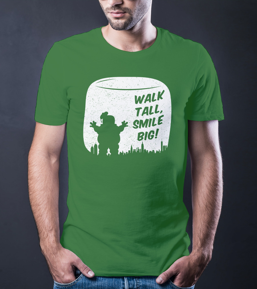 WALK TALL SMILE BIG Stay Puft Marshmallow Man City Skyline T-Shirt