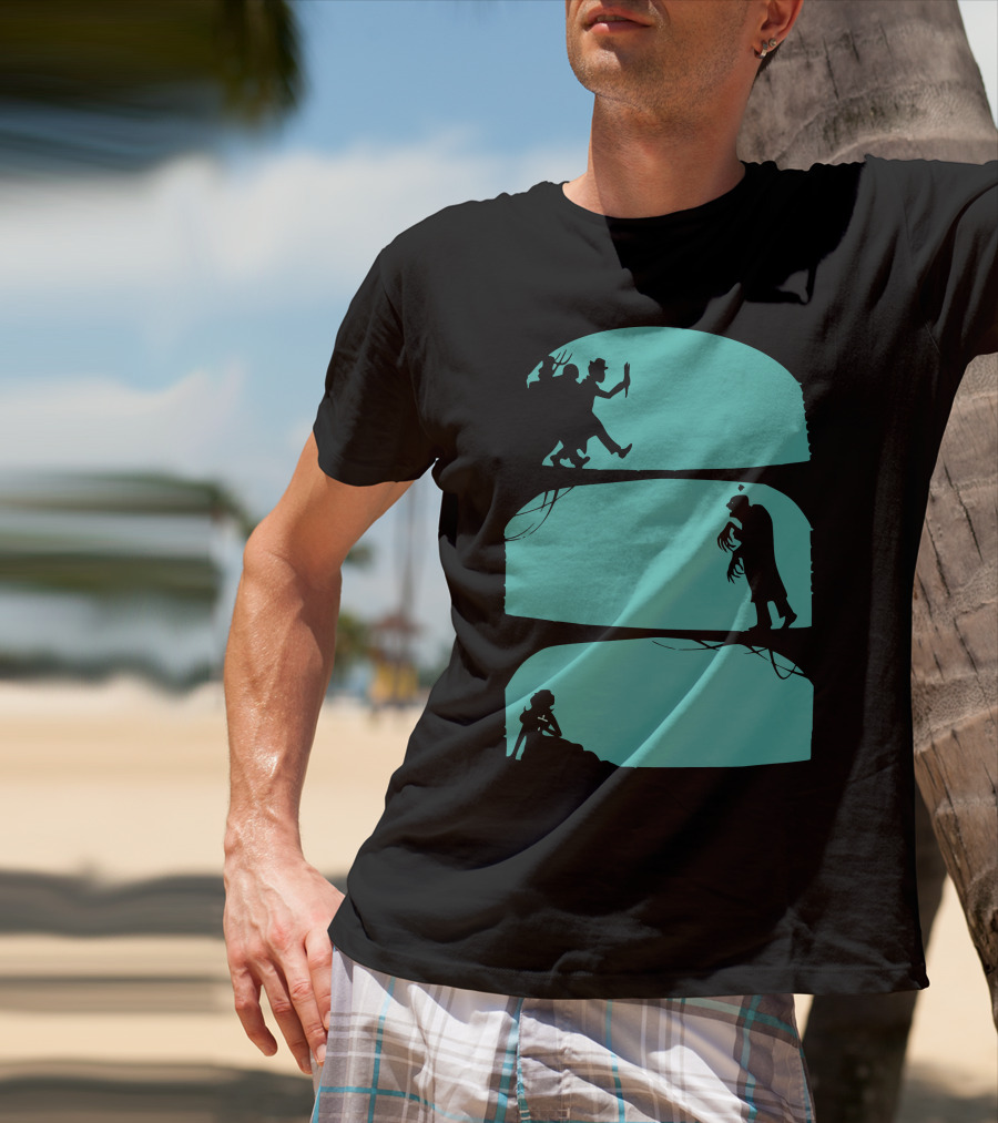 Hunt The Zombie Silhouette Chase With Weapon, Creeping Figure, And Hiding Woman T-Shirt