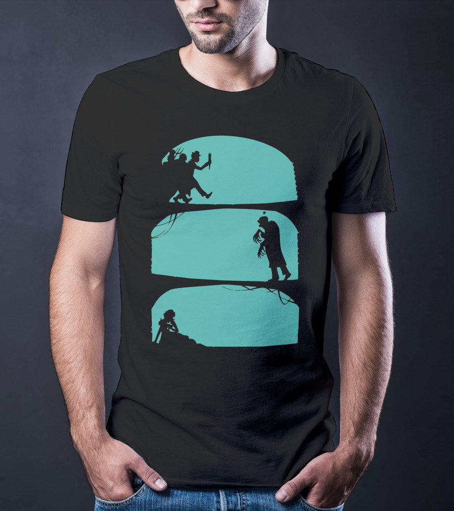 Hunt The Zombie Silhouette Chase With Weapon, Creeping Figure, And Hiding Woman T-Shirt