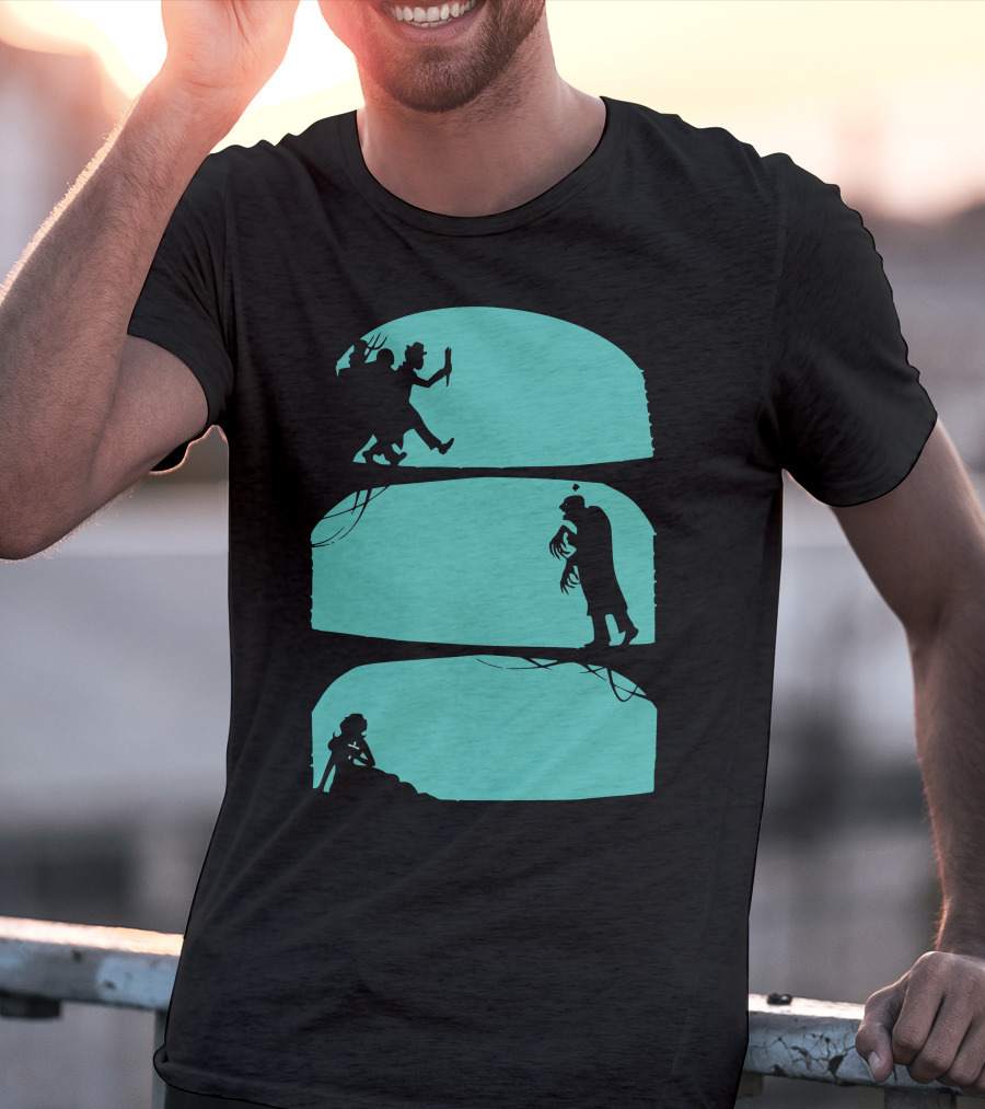 Hunt The Zombie Silhouette Chase With Weapon, Creeping Figure, And Hiding Woman T-Shirt
