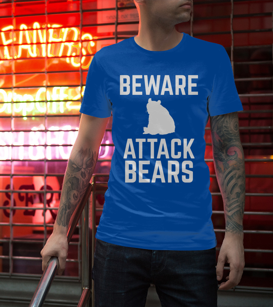 BEWARE ATTACK BEARS Silhouette Blue Background T-Shirt