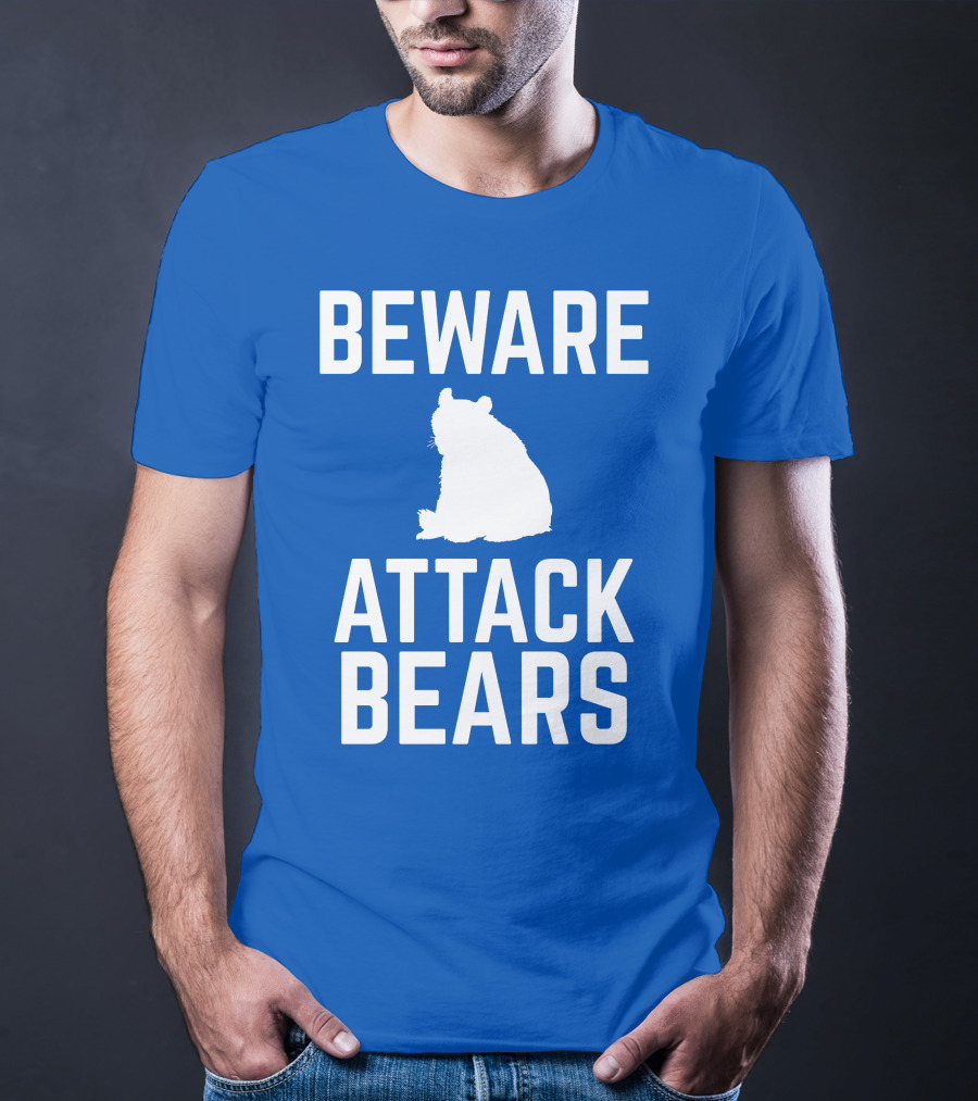 BEWARE ATTACK BEARS Silhouette Blue Background T-Shirt