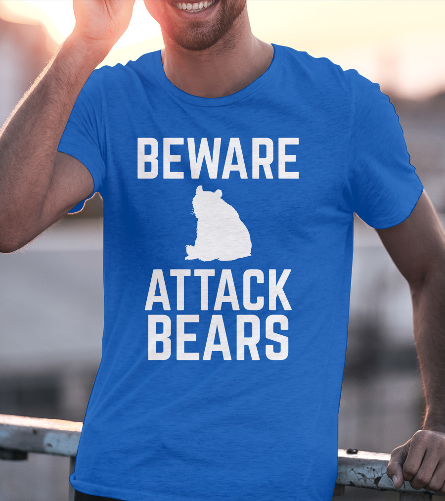 BEWARE ATTACK BEARS Silhouette Blue Background T-Shirt