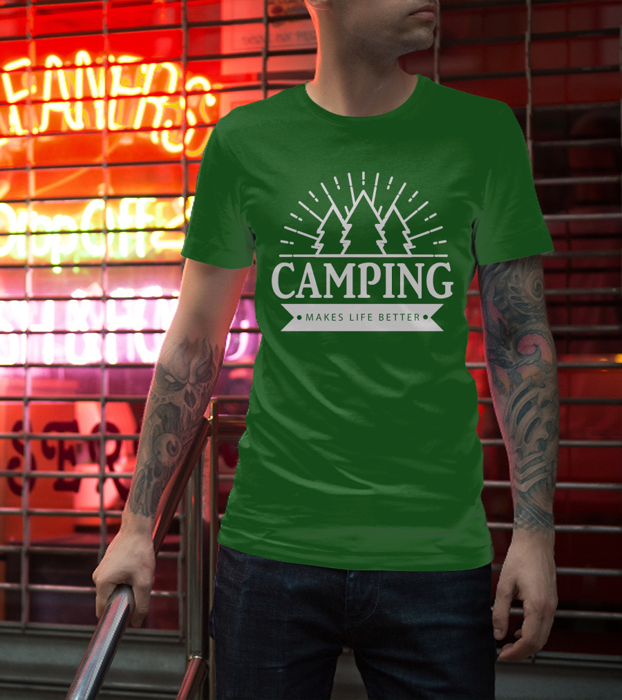 Camping Makes Life Better With Forest Trees And Radiant Sunburst T-Shirt