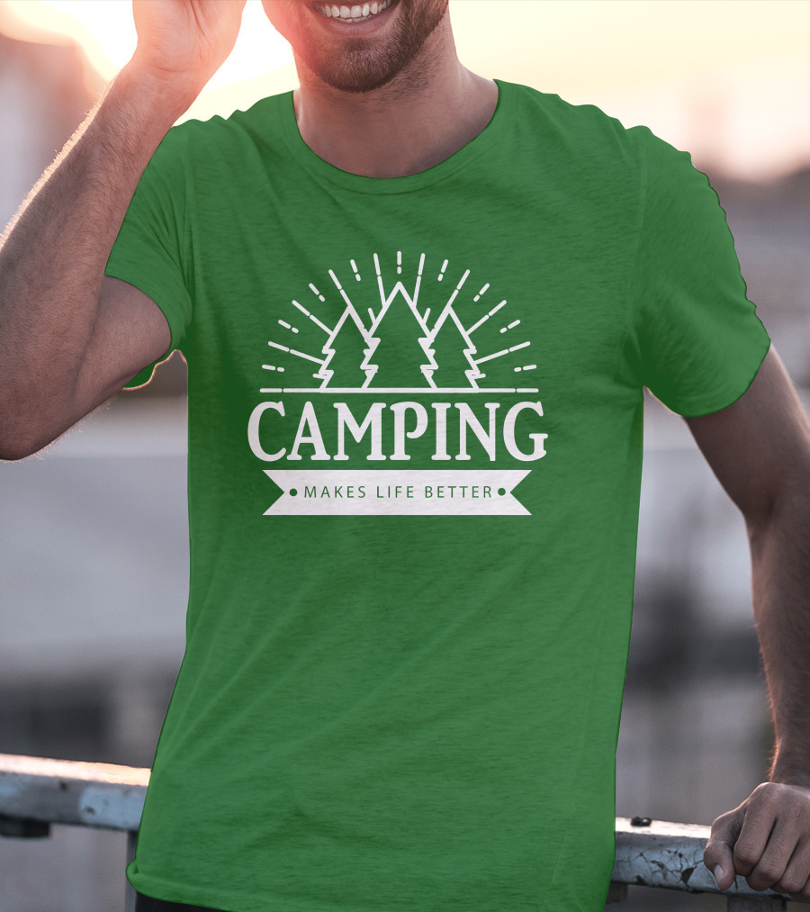 Camping Makes Life Better With Forest Trees And Radiant Sunburst T-Shirt