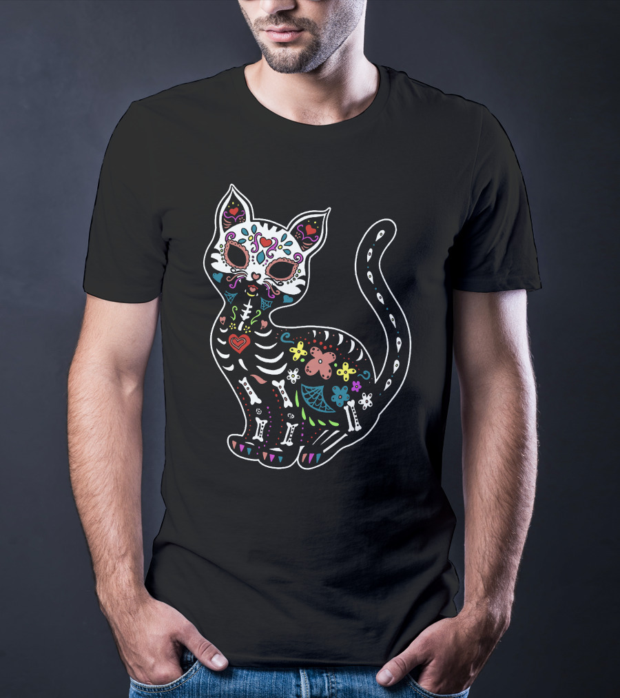 Calavera Cat Dia De Los Muertos Sugar Skull Colorful Skeleton Decor T-Shirt