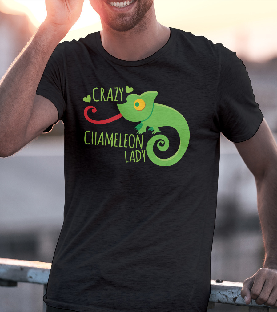 CRAZY CHAMELEON LADY Green Cartoon With Hearts T-Shirt