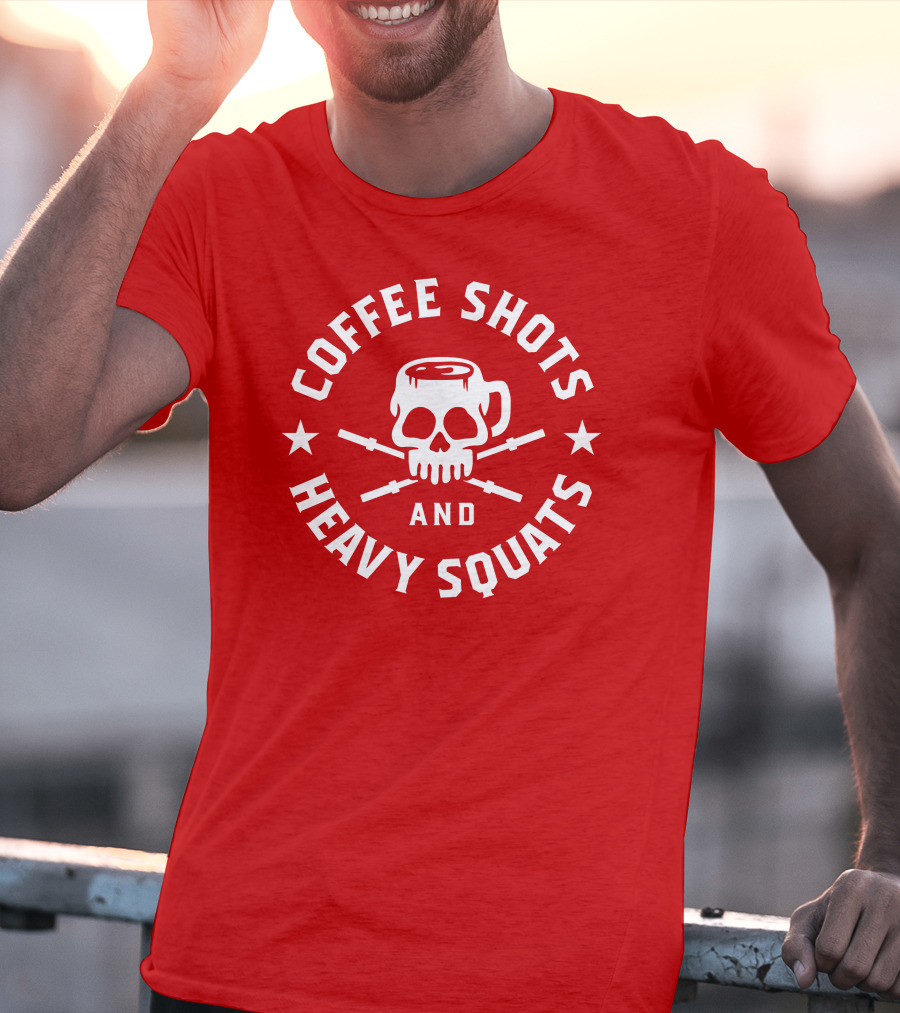 Coffee Shots And Heavy Squats Skull Mug And Barbells T-Shirt