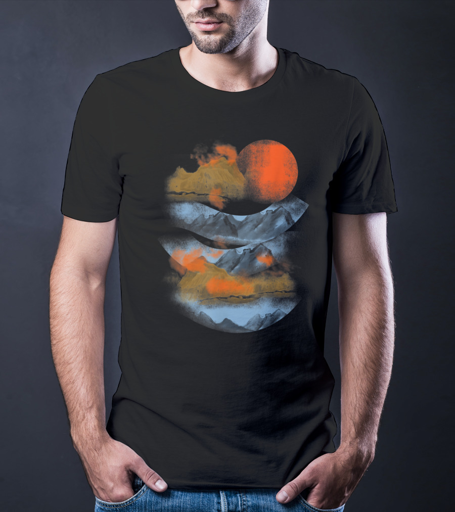 Blurry Mountains Clouds With Red Sun And Smoky Peaks T-Shirt