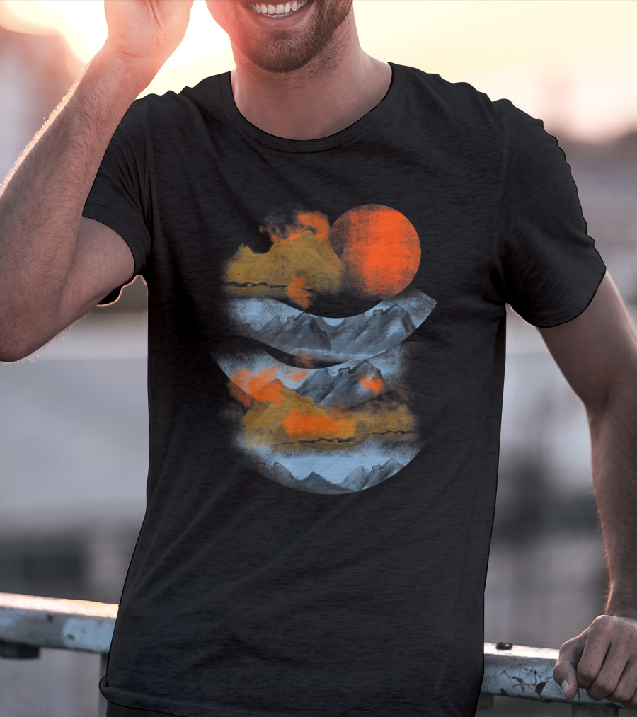 Blurry Mountains Clouds With Red Sun And Smoky Peaks T-Shirt