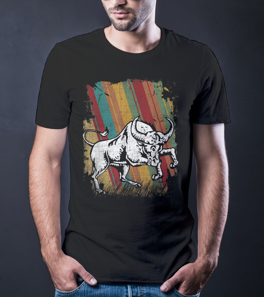 Retro Distressed Grunge Buffalo With Vintage Color Stripes T-Shirt