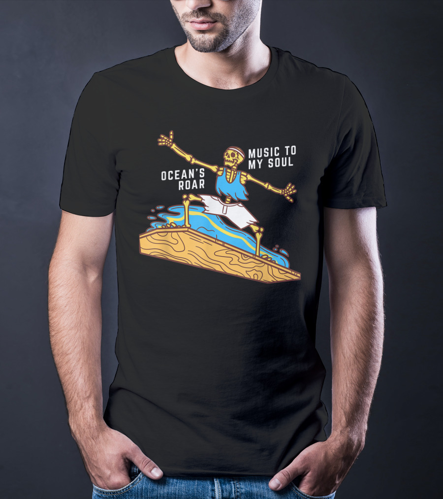 Ocean's Roar Surfing Skeleton Music To My Soul Summer T-Shirt