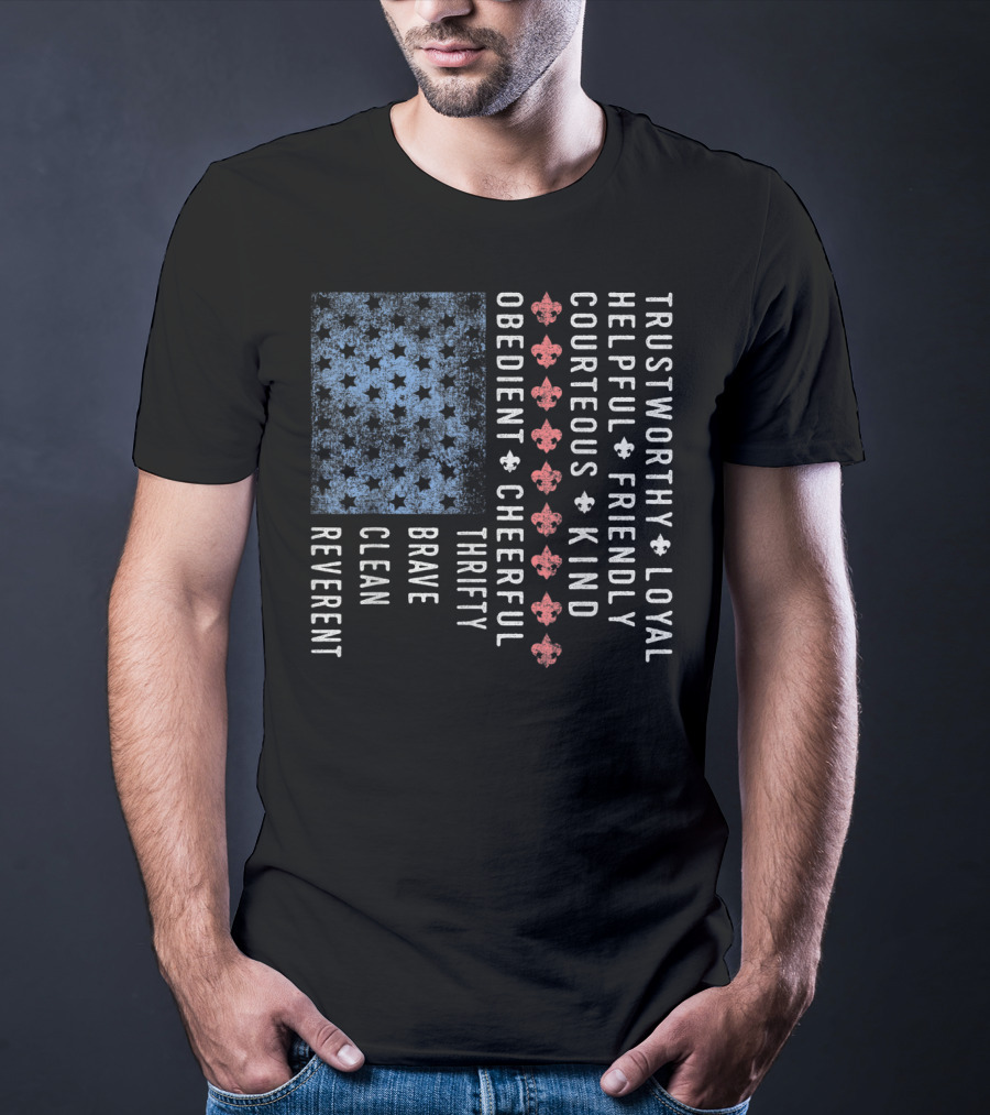 American Flag Trustworthy Loyal Helpful Friendly Courteous Kind Obedient Cheerful Thrifty Brave Clean Reverent Scout Law Vintage Scouting T-Shirt
